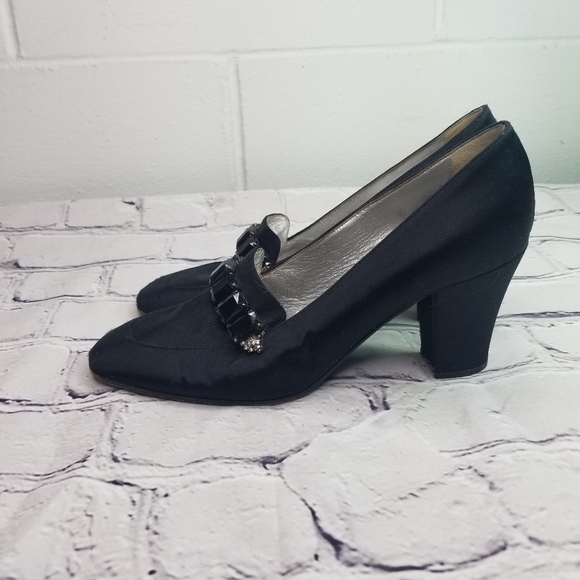 Vtg 90s Casadsi black satin jeweled pumps heels - Picture 8 of 13